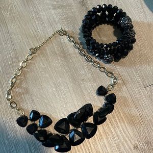 Gold necklace with black stones and black crystal bracelet set #68